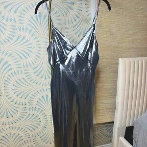 By Anthropologie Metallic V-Neck Midi Slip Dress Small Petite